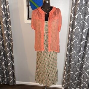 April Cornell 2 Piece Set Sheer Pin Tucked Blouse & Floral Maxi Dress